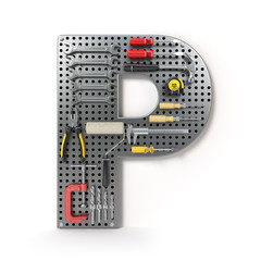 Obraz na płótnie Canvas Letter P. Alphabet from the tools on the metal pegboard isolated on white.