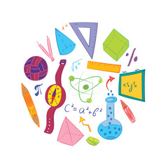 Hand Drawn School Symbols. Children Drawings of Ball, Books,Pencils, Rulers, Flask, Compass, Arrows Arranged in a Circle. Vector Illustration.