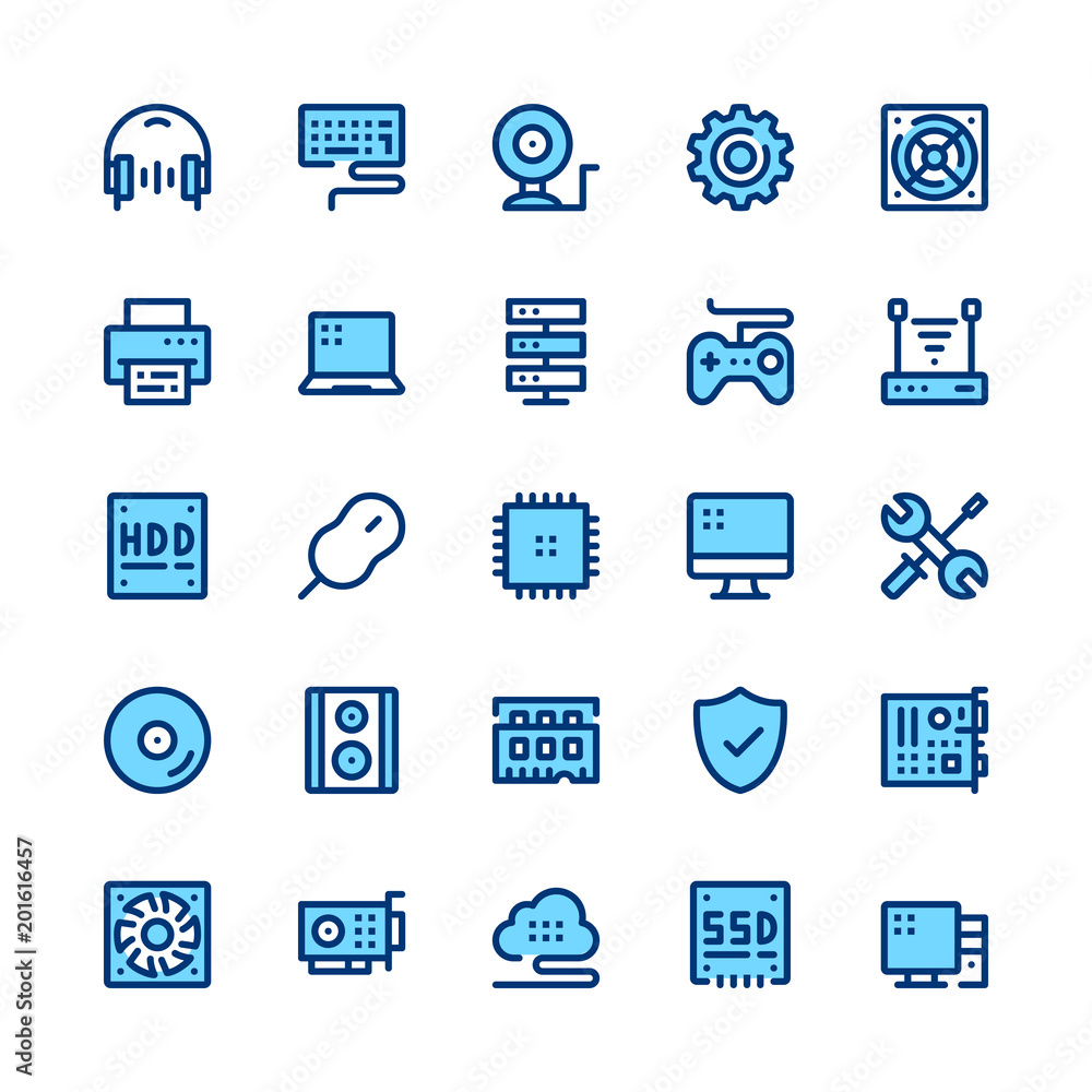 Poster computer hardware, pc parts line icons set. modern graphic design concepts, simple symbols, pictogra