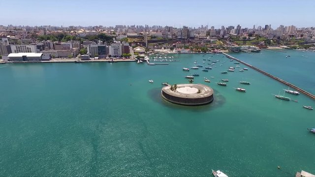 Aerial view of Forte Sao Marcelo, Mercado Modelo, Lacerda Elevator in Salvador, Bahia, Brazil.