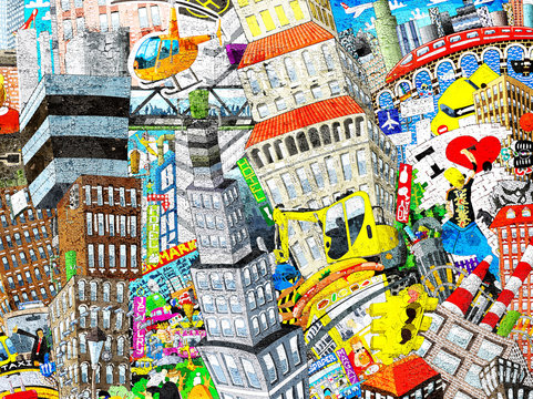 Graffiti, City, an illustration of a large collage, with houses, cars and people