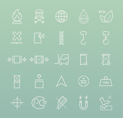 Set of Quality Universal Standard Minimal Simple White Thin Line Packaging Icons on Color Background 