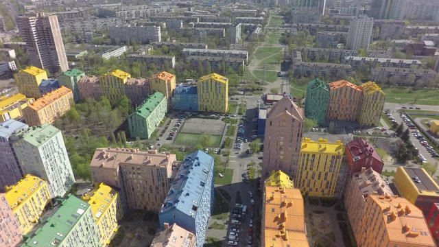 district of colorful houses in Kiev, aerial view, raw, 4K