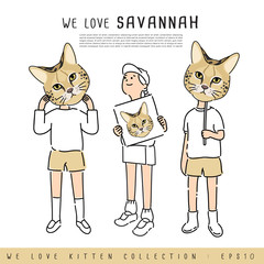 Boy and Girl Holding Kitten's face :  Vector Illustration