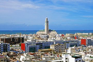 Panoramic aerial view of casablanca, with Hassan II Mosque, Morocco.