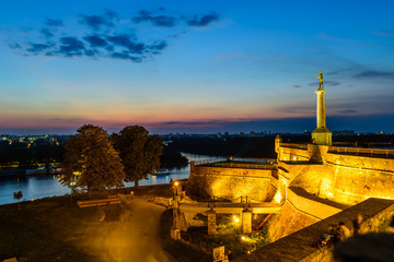 Beautiful night view of the monument to the Winner near the Belgrade Fortress, Belgrade, Serbia