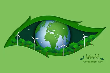 Zelfklevend Fotobehang World Environment Day,ecology concept with green earth and energy on paper art scene background,vector illustration © pakatip