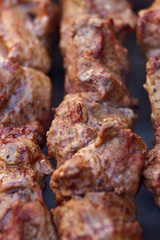 Excellent fresh juicy pieces of meat shish kebab fry on charcoal grill. Roast the meat close up