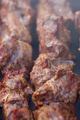 Excellent fresh juicy pieces of meat shish kebab fry on charcoal grill. Roast the meat close up