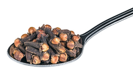 Close-up of aromatic cloves on a metal spoon. Syzygium aromaticum. Stainless spoonfull of medicinal dried spices with a distinctive scent. Isolated on white background. Full depth of field.