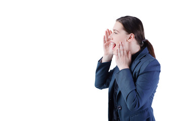 Young businesswoman shouting isolated on white background.