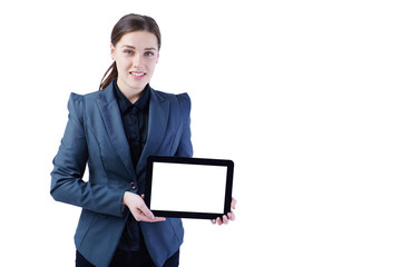 Smiling businesswoman holding digital tablet with blank screen. Isolated on white.
