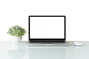 Conceptual workspace, Laptop computer with blank white screen isolated on white background