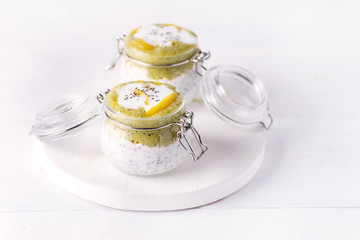 Chia Seeds Pudding With Oat MatchaYougurt Vegetarian Vegan Healthy Diet Food White Background