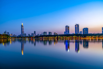 Fototapeta premium Nanjing Xuanwu Lake Financial District building landscape night view and city skyline