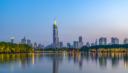 Fototapeta na wymiar Nanjing Xuanwu Lake Financial District building landscape night view and city skyline