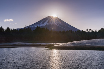 Winter Fuji Diamond , view of the setting sun meeting the summit of Mt. Fuji