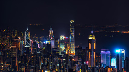 City night view, huge towers in central, in Hong Kong
