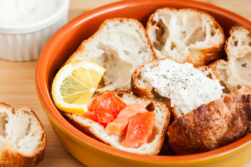 Freshly baked yorkshire puddings close-up. Delicious homemade popovers with a variety of fillings
