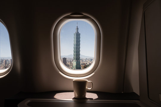 The window of airplane travel destination. taipei attraction.