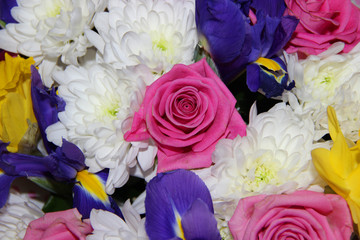 Bouquet of flowers. Roses, chrysanthemums, irises