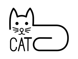Stylized drawing of a cat with one line. Black and white. Symbol, sign, logo.