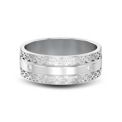 3D illustration isolated silver decorative wedding bands carved out ring with ornament with shadow