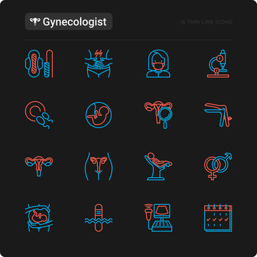 Gynecologist thin line icons set: uterus, ovaries, gynecological chair, pregnancy, ultrasound, sanitary napkin, test, embryo, menstruation, vaginal expander. Modern vector illustration for black theme