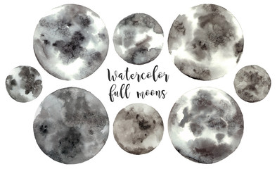 watercolor illustrations full moons. hand drawing isolated elements.