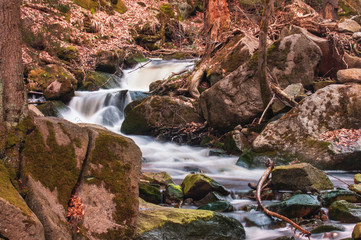 Beautiful mountain waterfalls with long exposure in golden spring sunlight. Ilsefälle of the mountain river Ilse in the Ilsetal in Ilsenburg, National Park Harz,  Saxony-Anhalt in Germany