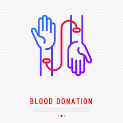 Blood donation concept: transfusion from one hand to other thin line icon. Modern vector illustration for World donor day. Symbol of volunteer, support, charity organization.
