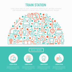 Fototapeta premium Train station concept in half circle with thin line icons: information, ticket office, toilet, taxi, metro, waiting room, luggage storage, turnstile, food court, no smoking. Vector illustration.