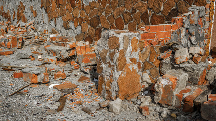 Grunge architectural background. Abandoned destroyed building. Ruined abandoed building. Fragment...
