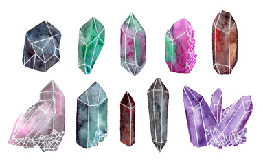 watercolor illustration set gemstones and crystals. hand painted isolated elements.