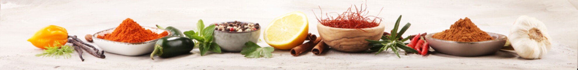 Spices and herbs on table. Food and cuisine ingredients.