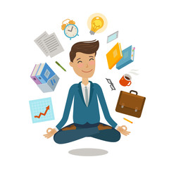 Businessman sitting in lotus pose. Business, office concept. Cartoon vector illustration