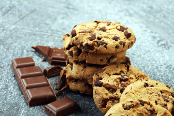 Chocolate cookies on rustic table. Chocolate chip cookies