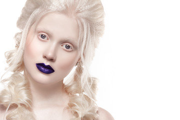 Beauty charming albino girl. White hair, eyebrows, eyelashes, pale skin. Portrait of a...