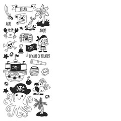 Pirate adventures. Vector icons for kids party. Boys and girls, small kindergarten children. Ship, parrots, treasure chest, octopus, crab Travel exploration