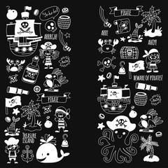 Pirate adventures. Vector icons for kids party. Boys and girls, small kindergarten children. Ship, parrots, treasure chest, octopus, crab Travel exploration