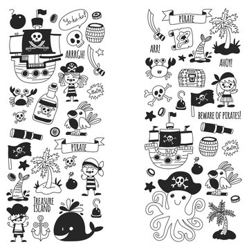 Pirate adventures. Vector icons for kids party. Boys and girls, small kindergarten children. Ship, parrots, treasure chest, octopus, crab Travel exploration