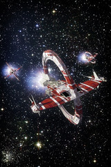 Naklejka premium Spaceship fighter and starfield background