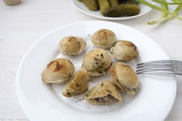 Fried dumplings on a plate.