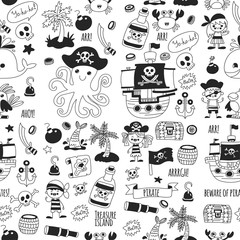 Fototapeta premium Pirate adventures. Vector icons for kids party. Boys and girls, small kindergarten children. Ship, parrots, treasure chest, octopus, crab Travel exploration