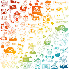 Pirate adventures. Vector icons for kids party. Boys and girls, small kindergarten children. Ship, parrots, treasure chest, octopus, crab Travel exploration