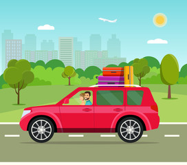 Fototapeta premium Suitcase, bags and other luggage in the car. Vector flat style illustration
