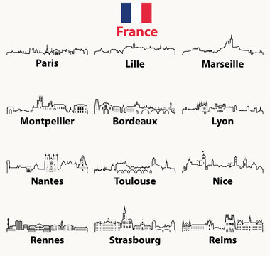 vector outline icons of France cities skylines