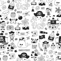 Pirate adventures. Vector icons for kids party. Boys and girls, small kindergarten children. Ship, parrots, treasure chest, octopus, crab Travel exploration © rudut2015