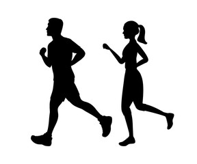 Fototapeta na wymiar Silhouettes of running people. There are black silhouettes of the man and the woman in the picture. Vector illustration.