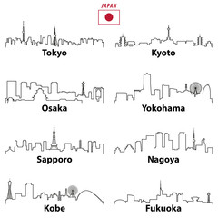 Naklejka premium wektorowe ikony zarys miast Japonii sylwetki na tle nieba